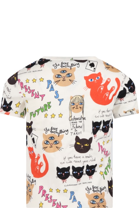 Ivory T-shirt For Kids With Clairvoyant Cats Print