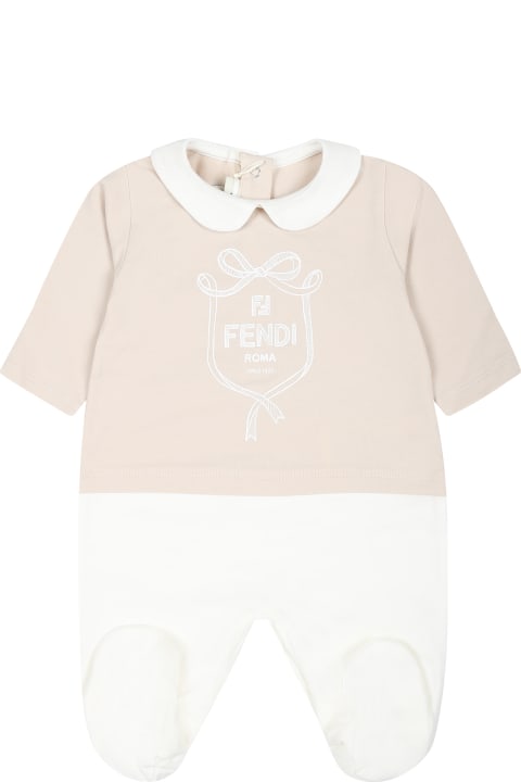 Zip Check Shirt for Baby Girls Fendi Beige Babygrow Set For Babykids With Fendi Emblem