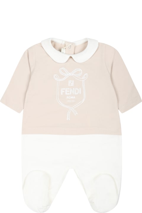 Fendi لـ Kids Fendi Beige Babygrow Set For Babykids With Emblem