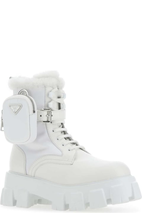 ウィメンズ新着アイテム Prada White Leather And Re-nylon Monolith Boots