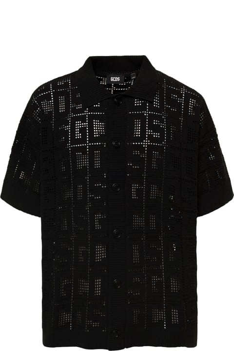 Black Monogram Macramè Shirt With Logo Motif All-over In Cotton Man