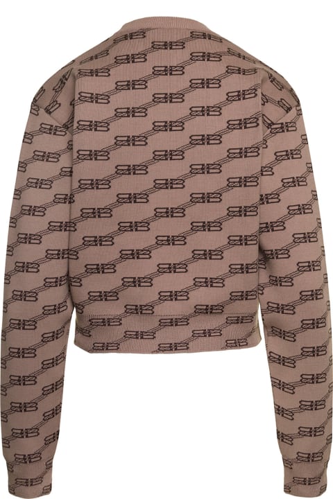 Beige Crewneck Sweater With All-over Jacquard Logo In Cotton Woman