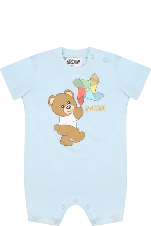 Fashion for Baby Boys Moschino Light Blue Bodysuit For Baby Boy With Teddy Bear And Pinwheel