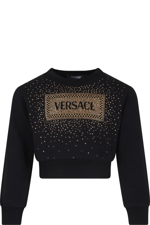 Fashion for Women Versace Black Crop Sweatshirt For Girl With Logo And Crystals