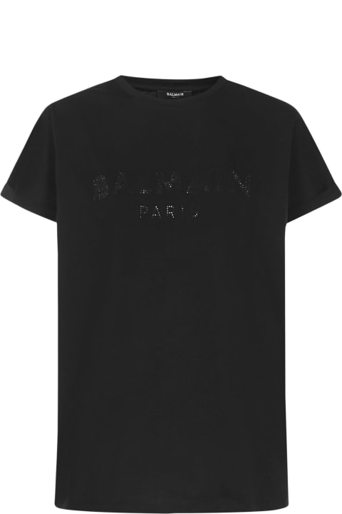 Balmain for Women Balmain Crewneck T-shirt With Tonal Rhinestones Logo Detail