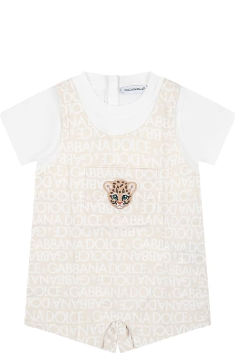Sale for Baby Girls Dolce & Gabbana Beige Romper For Babies With Tiger And All-over Logo