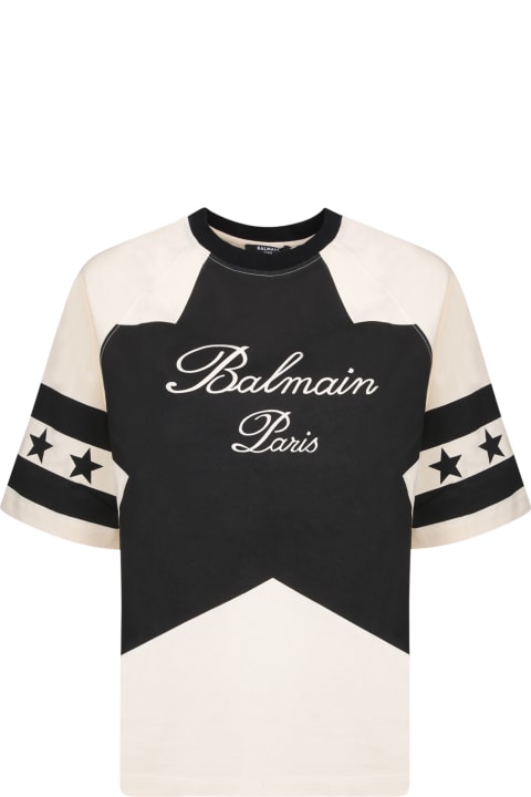 Balmain Topwear for Women Balmain Balmain Cream And Black Stars T-shirt
