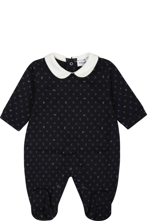 Bodysuits & Sets for Baby Boys Emporio Armani Blue Playsuit For Baby Boy With All-over Eagle Logo