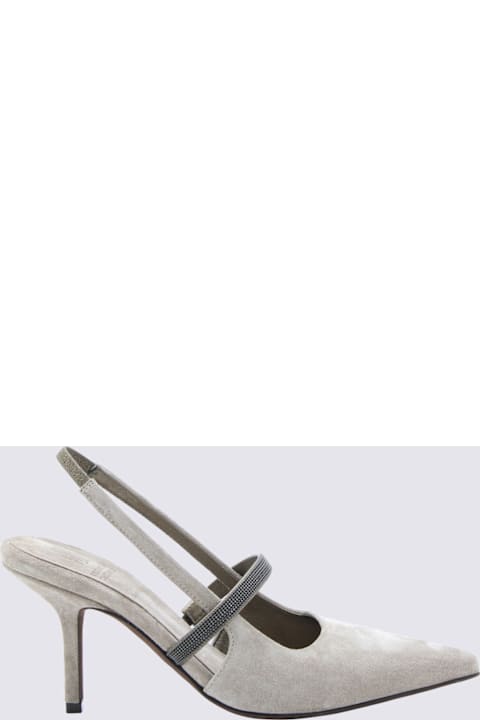 Brunello Cucinelli Grey Suede Monili Chain Slingback Pumps