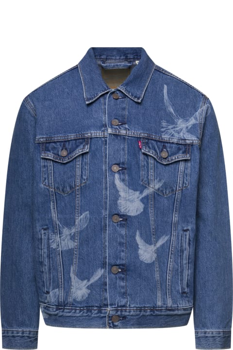 Blue Denim Jacket Levi's X 3.paradis With Birds Print In Cotton Man