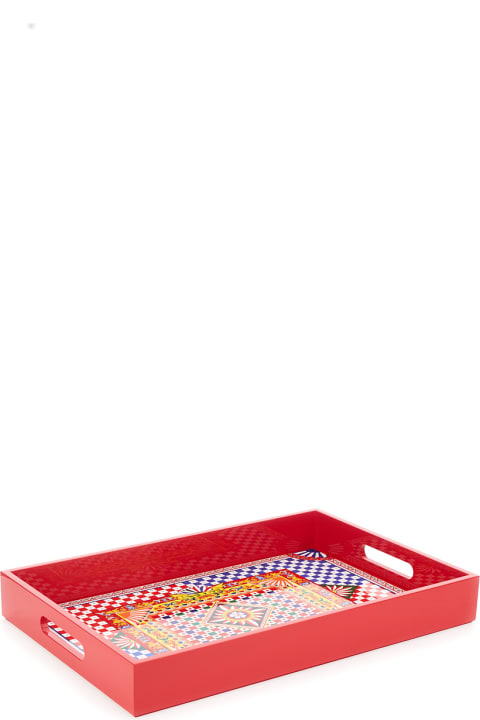 ديكور منزلي Dolce & Gabbana Multicolor Rectangular Tray With Carretto Siciliano Print In Lacquered Wood