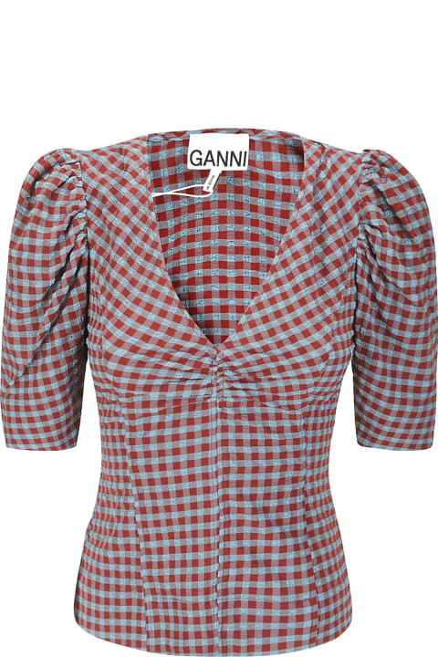 Ganni for Women Ganni Stretch Seersucker V-neck Blouse