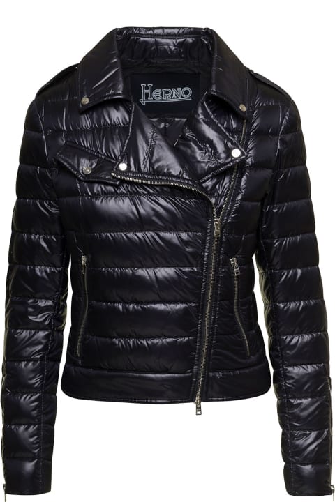 Coats & Jackets for Women Herno Black Padded Biker Jacket With Rever Collar In Ultralight Nylon Woman
