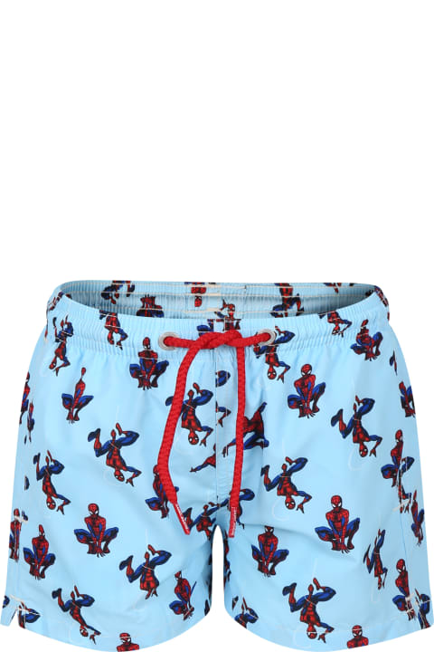 ボーイズ MC2 Saint Barthの水着 MC2 Saint Barth Light Blue Swim Shorts For Boy With Spiderman Print