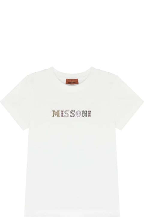 Missoni قمصان بياقة دائرية وقمصان البولو لـ بنات Missoni White T-shirt With Rhinestone Logo