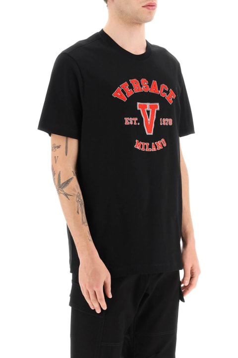 Versace Topwear for Men Versace Black T-shirt With Red Embroidered Sponge Logo