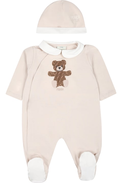 Fendi Kids Fendi Beige Set For Babykids With Teddy Bear