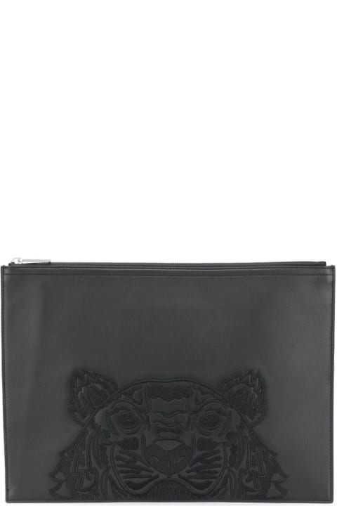 Kenzo Man's Black Leather Clutch With Tiger Logo Embroidery