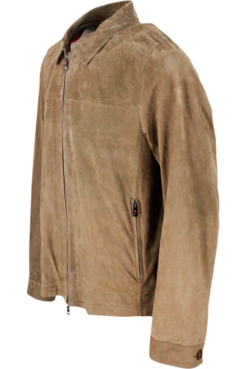 Lightweight Unlined Jacket In Very Soft Suede With Shirt Collar And Zip Closure
