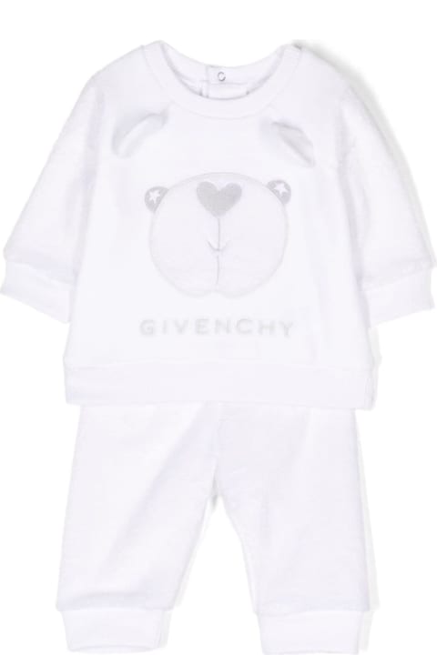 White Sweatshirt And Pants Suit With Logo And Teddy Bear In Fabric Baby