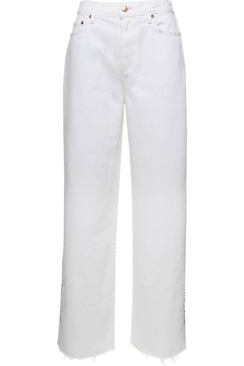 White Denim High Waisted Jeans With Studs Embellishment In Cotton Woman