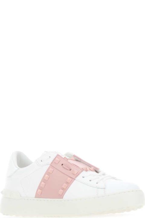 Valentino Garavani for Women Valentino Garavani White Leather Rockstud Untitled Sneakers With Powder Pink Band