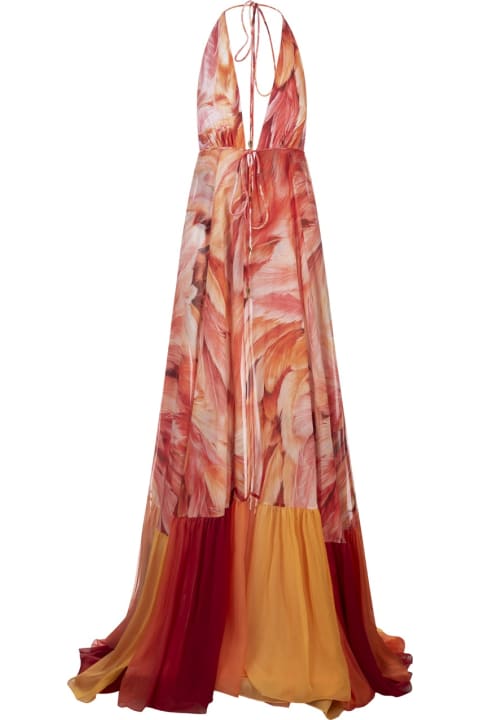Jumpsuits for Women Roberto Cavalli Long Sleeveless Silk Dress With Orange Plumage Print