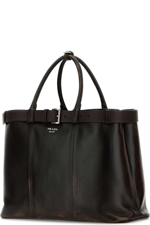 Prada Bags for Men Prada Dark Brown Nappa Leather Large Prada Buckle Shopping Bag