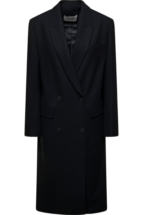 Long Black Double-breasted Coat With Tonal Buttons In Wool Blend Woman