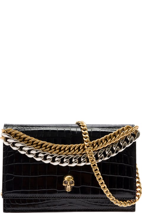 'skull' Small Black Shoulder Bag With Double Chain Detail In Embossed Croc Leather Woman Alexander Mcqueen