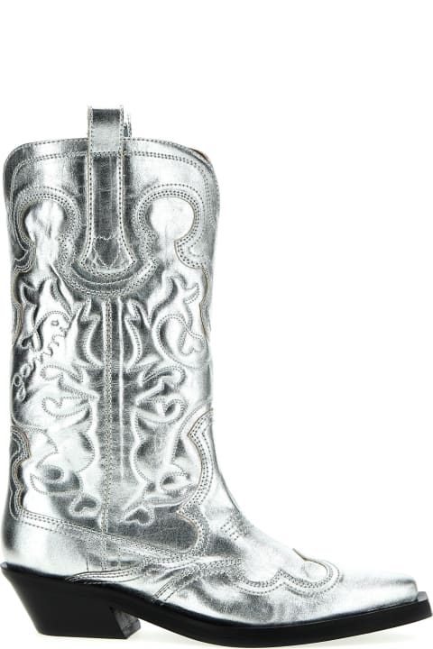 Fashion for Women Ganni 'silver Mid Shaft Embroidered Western' Boots