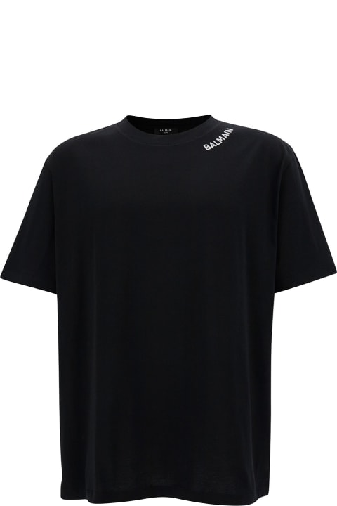 Topwear for Men Balmain Black Crewneck T-shirt With Contrasting Logo Embroidery In Cotton Man