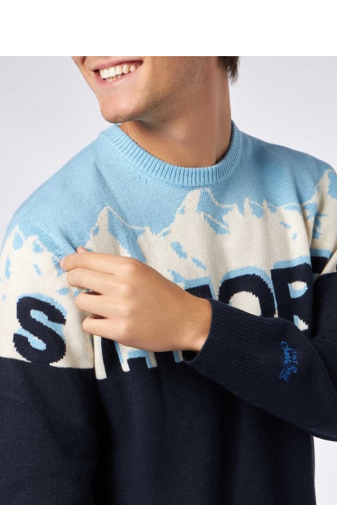أدوات منزلية MC2 Saint Barth Man Crewneck Sweater With St. Moritz Postcard Jacquard