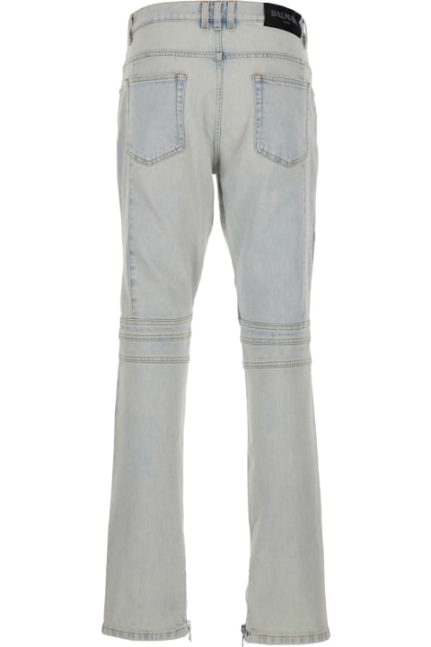 ウィメンズ Balmainのデニム Balmain Light Blue Skinny Jeans With Logo Patch And Ribbed Knees In Stretch Cotton Denim Woman