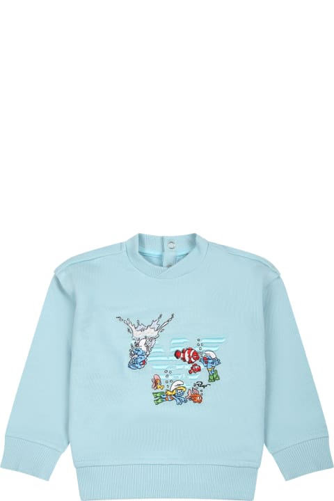 Topwear for Baby Girls Emporio Armani Light Blue Sweatshirt For Baby Boy With The Smurfs