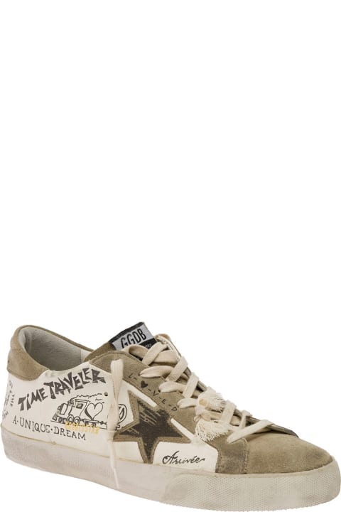 Beige And White Super-star All-over Graffiti Print Sneakers In Leather Man Golden Goose