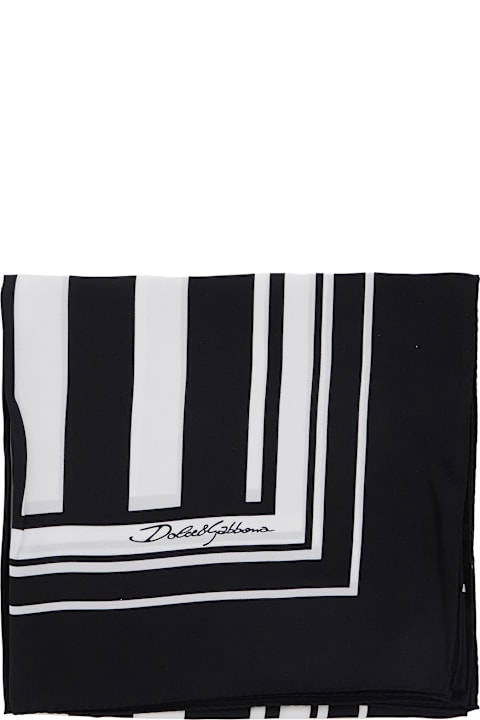 Scarves for Men Dolce & Gabbana Black And White Square Scarf With Logo Lettering On The Front And All-over Striped Motif In Silk Man