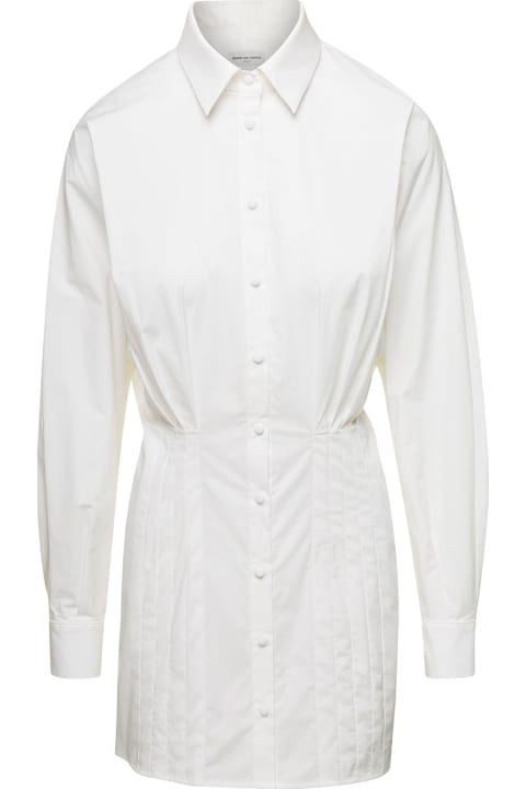 Mini White Shirt Dress Fitted At The Waist In Stretch Cotton Woman