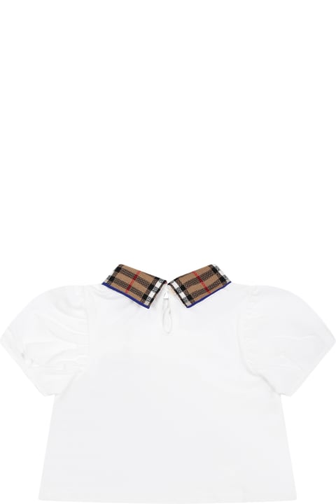 Burberry Kids Burberry White T-shirt For Baby Girl With Vintage Check On The Collar