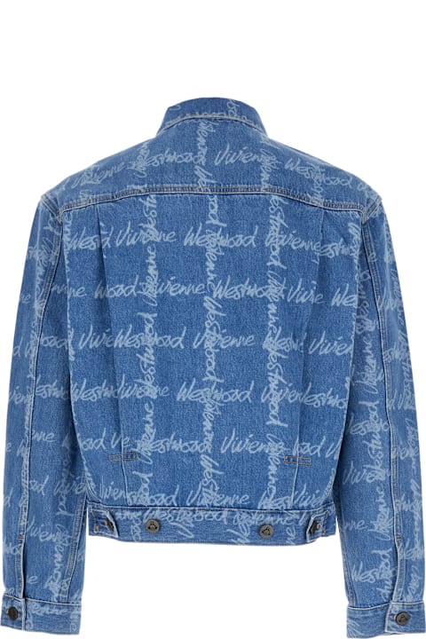Vivienne Westwood لـ Kids Vivienne Westwood 'marlene' Blue Jacket With All-over Printed Lettering Logo In Denim Man