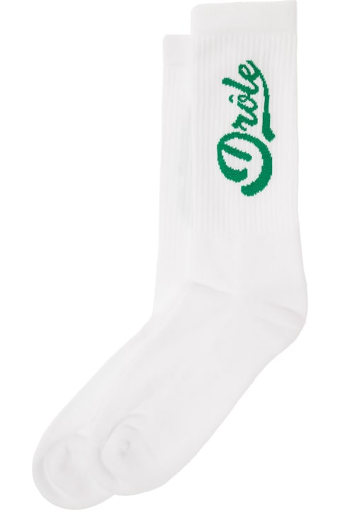Underwear for Men Drôle de Monsieur White Ribbed Socks With Green-colored Logo In Cotton Man