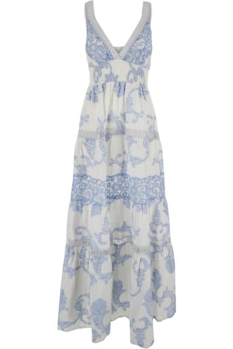 Fashion for Women Temptation Positano White Long Dress With Light Blue Floral Print In Linen Woman