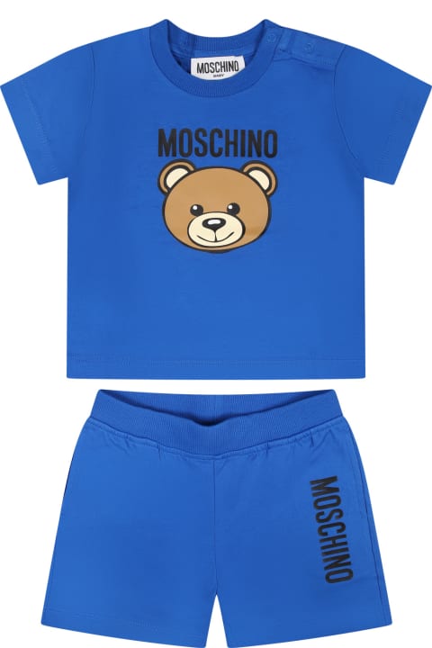 Bottoms for Baby Girls Moschino Blue Set For Baby Boy With Teddy Bear And Logo