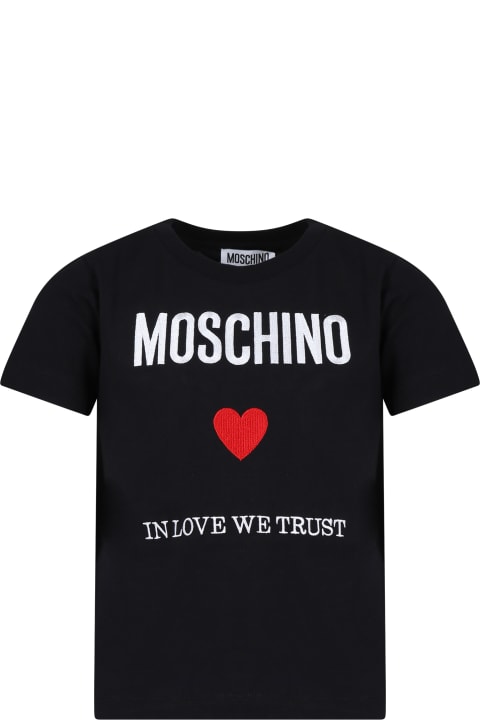 Moschino for Kids Moschino Black T-shirt For Girl With Logo And Red Heart