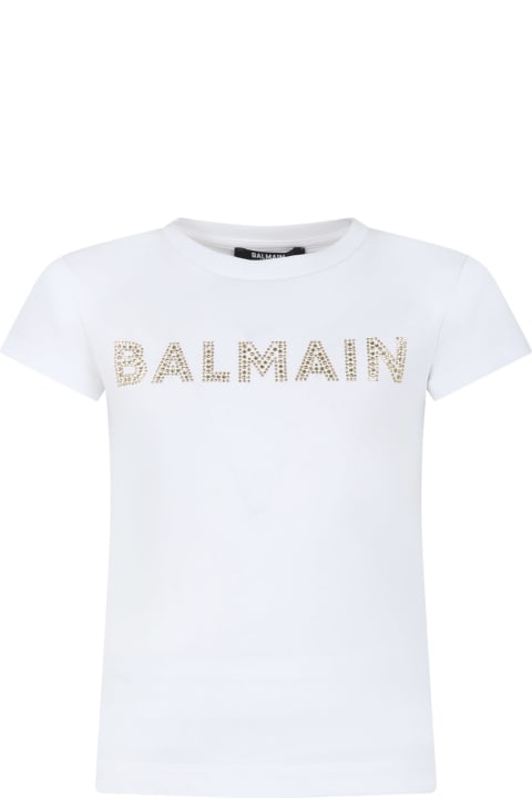 Balmain for Girls Balmain White T-shirt For Girl With Logo And Strass