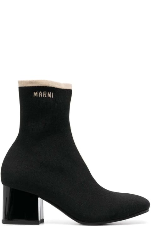 Marni Boots for Women Marni Black Ankle Boot In Leather With Medium And Wide Heel Ecru-colored Details