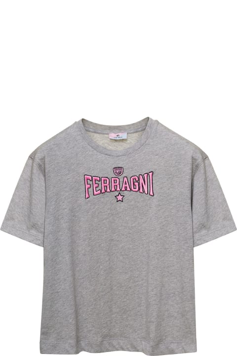 Grey Crewneck T-shirt With Logo Embroidery In Cotton Girl
