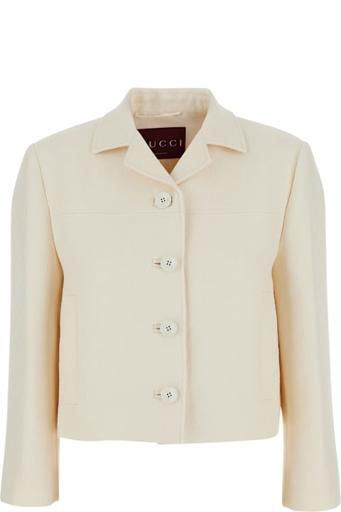 Gucci White Jacket With Notched Revers In Gg Canvas Woman