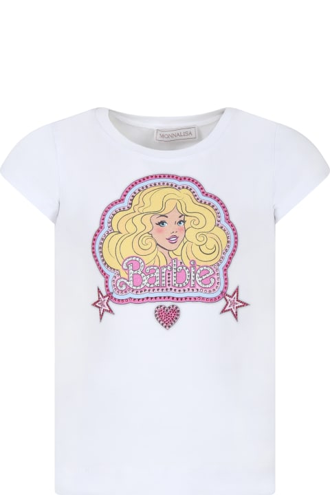 ガールズ MonnalisaのTシャツ＆ポロシャツ Monnalisa White Crop T-shirt For Girl With Barbie Print And Rhinestone