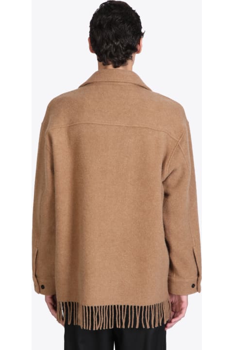 Wool Overshirt In A Relaxed Fit And Fringed Hem Caramel wool overshirt with fringed hem - Shad